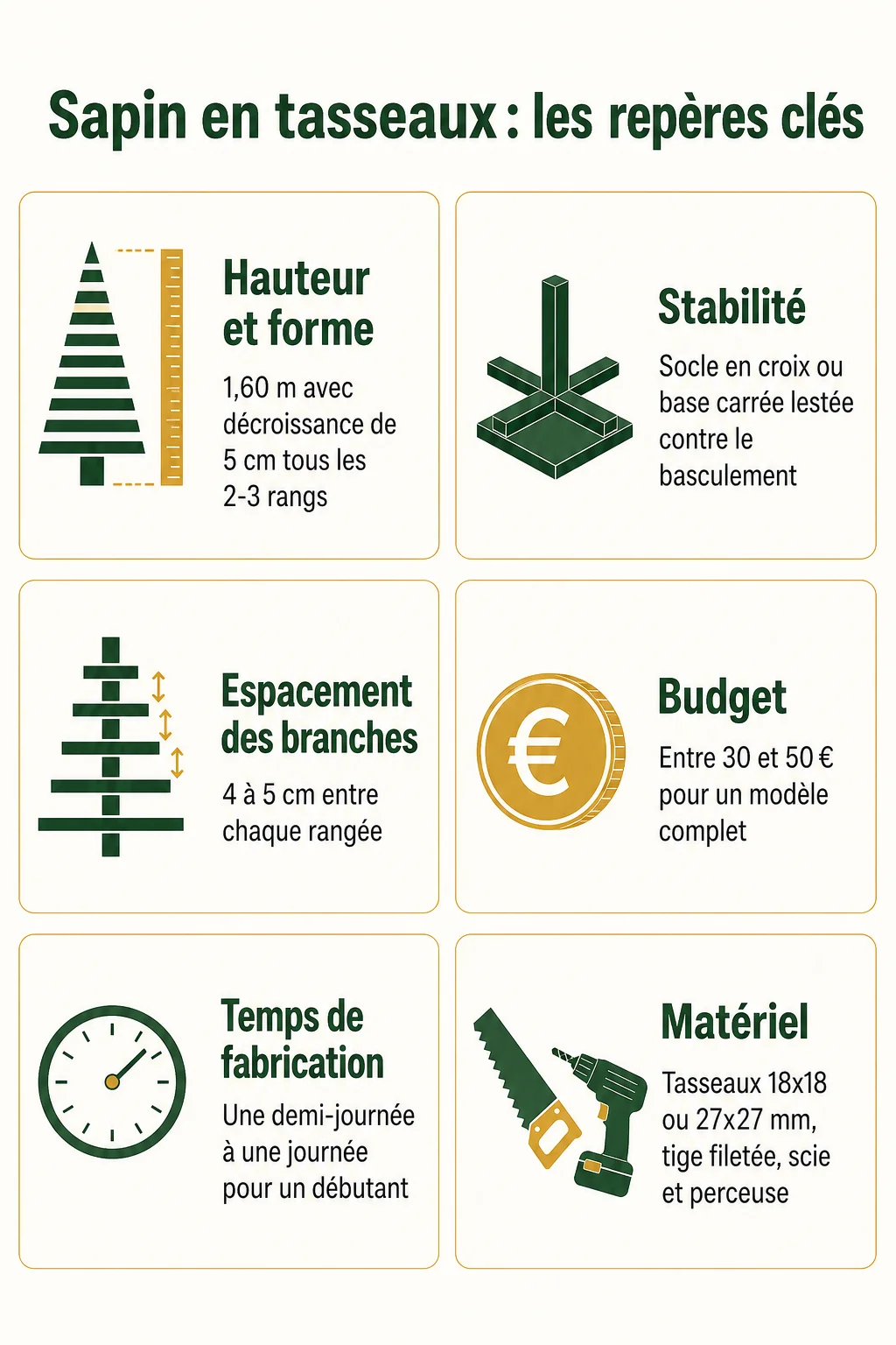 Sapin en tasseaux : les repères clés : Hauteur et forme, Stabilité, Espacement des branches, Budget, Temps de fabrication, Matériel