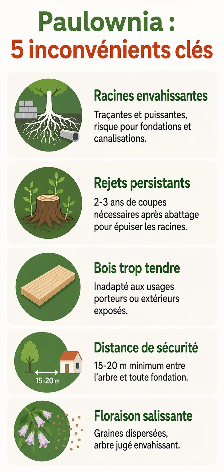 Paulownia : 5 inconvénients clés : Racines envahissantes, Rejets persistants, Bois trop tendre, Distance de sécurité, Floraison salissante