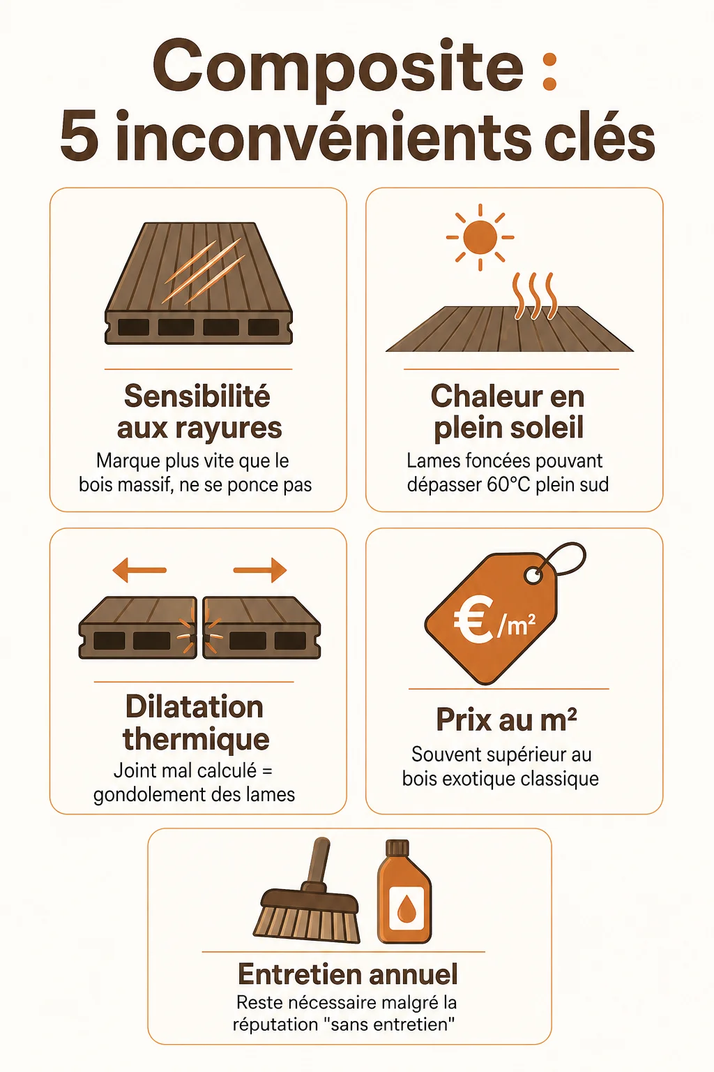 Composite : 5 inconvénients clés : Sensibilité aux rayures, Chaleur en plein soleil, Dilatation thermique, Prix au m², Entretien annuel
