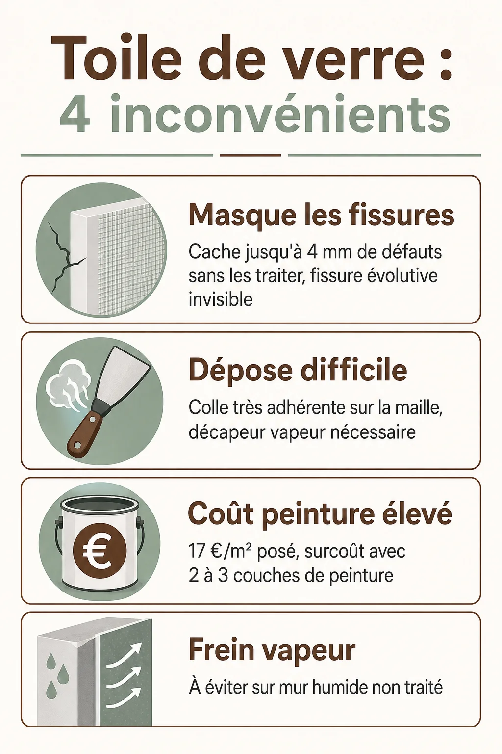 Toile de verre : 4 inconvénients : Masque les fissures, Dépose difficile, Coût peinture élevé, Frein vapeur