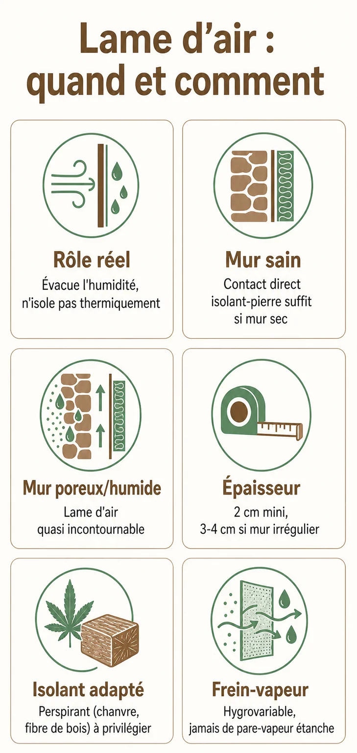Lame d'air : quand et comment : Rôle réel, Mur sain, Mur poreux/humide, Épaisseur, Isolant adapté, Frein-vapeur