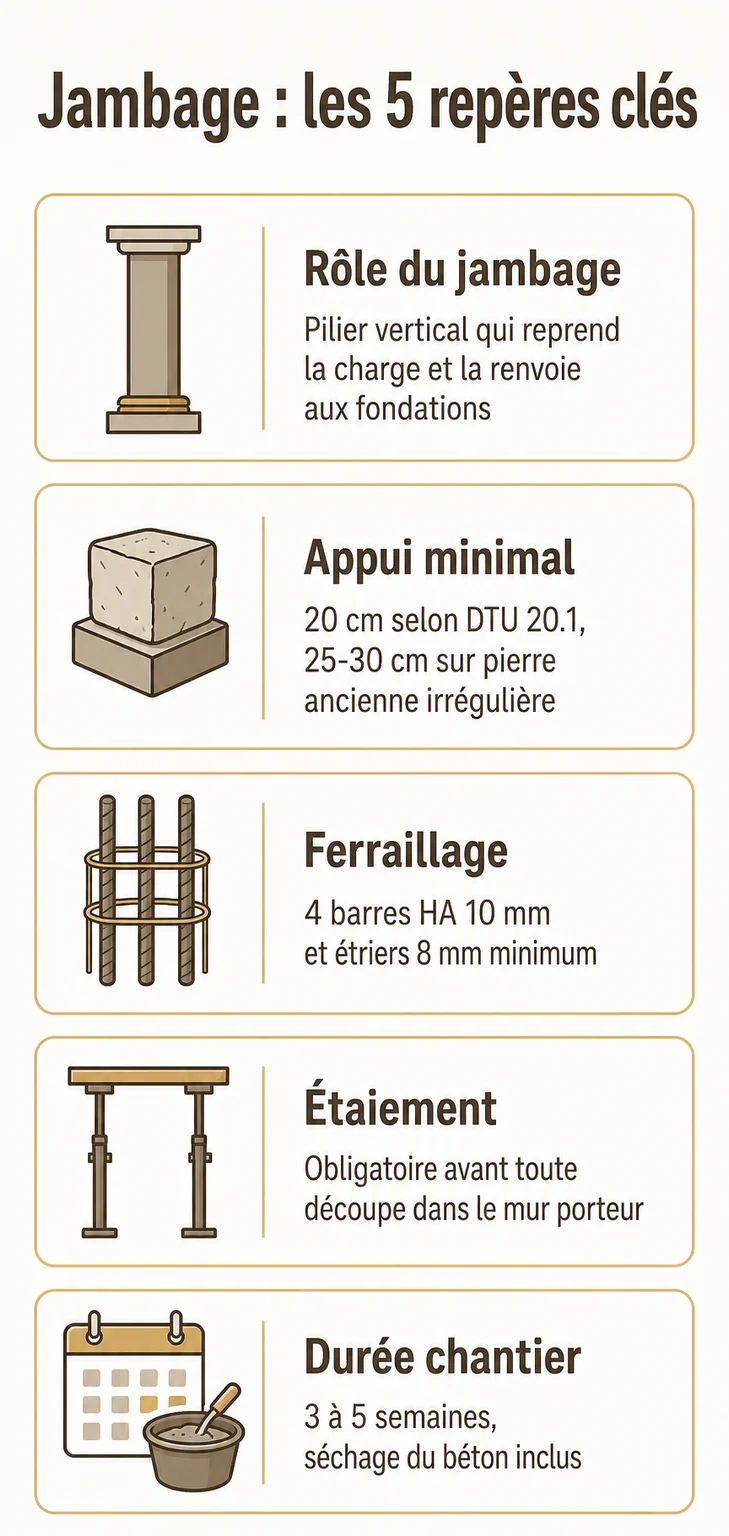Jambage : les 5 repères clés : Rôle du jambage, Appui minimal, Ferraillage, Étaiement, Durée chantier