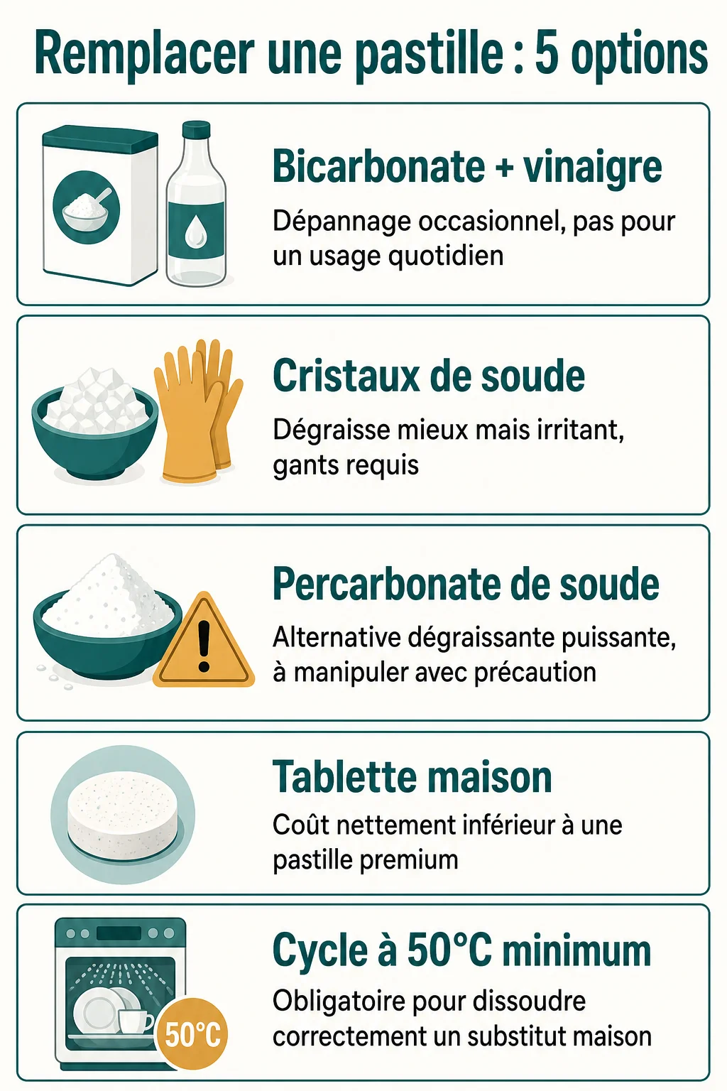 Remplacer une pastille : 5 options : Bicarbonate + vinaigre, Cristaux de soude, Percarbonate de soude, Tablette maison, Cycle à 50°C minimum