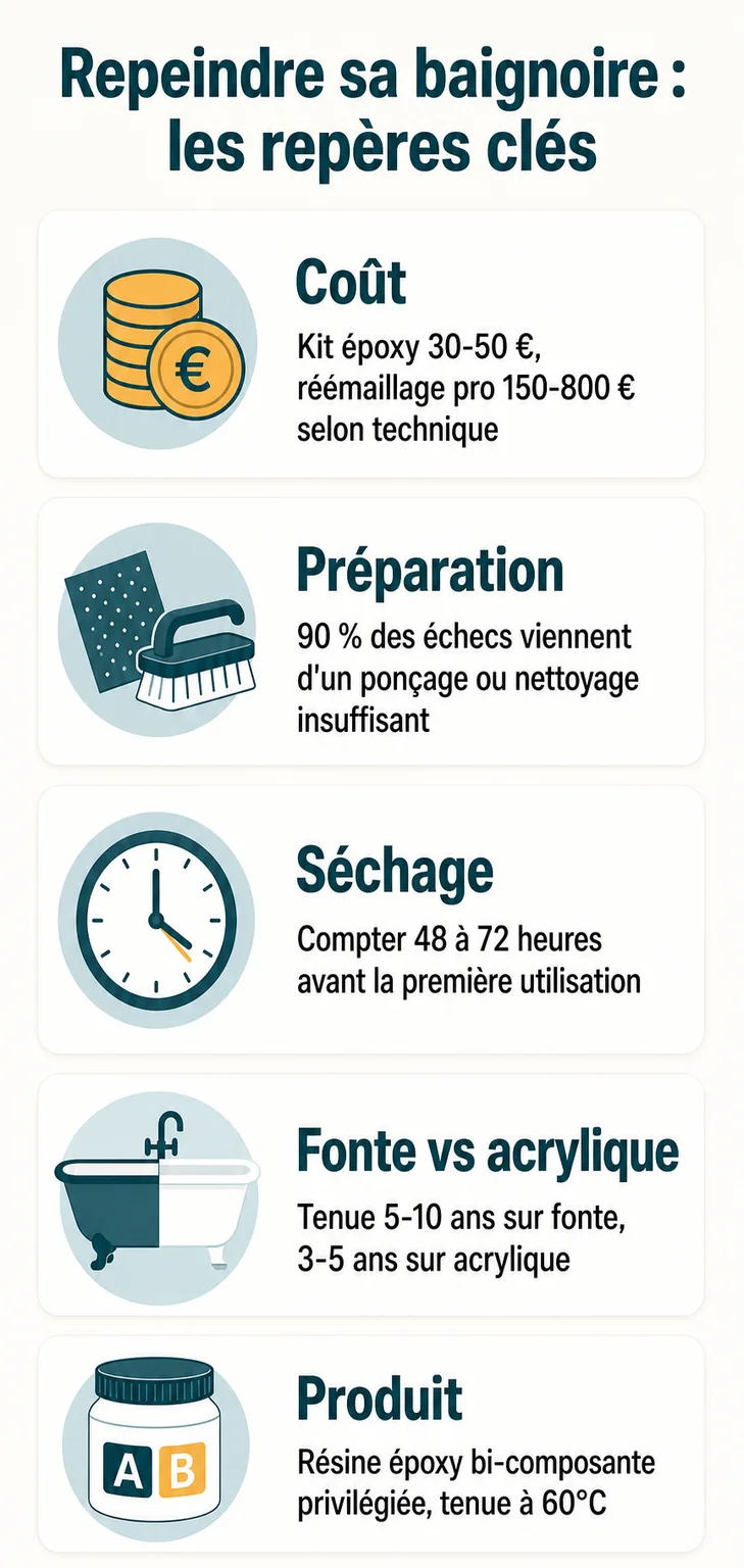 Repeindre sa baignoire : les repères clés : Coût, Préparation, Séchage, Fonte vs acrylique, Produit