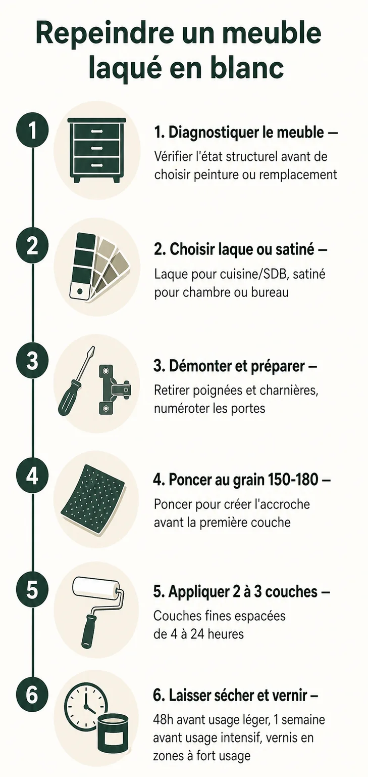 Repeindre un meuble laqué en blanc : 1. Diagnostiquer le meuble, 2. Choisir laque ou satiné, 3. Démonter et préparer, 4. Poncer au grain 150-180, 5. Appliquer 2 à 3 couches, 6. Laisser sécher et vernir