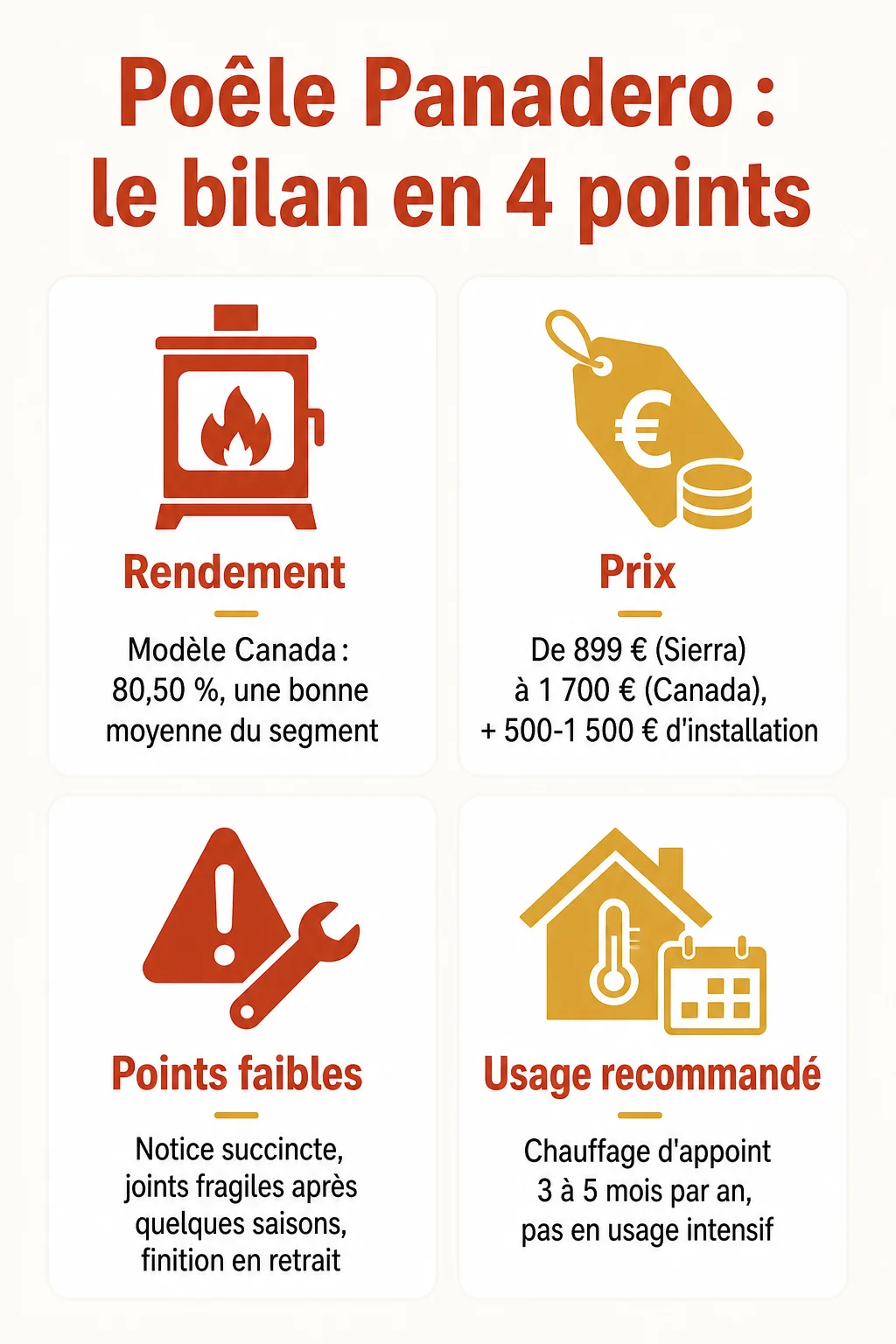 Poêle Panadero : le bilan en 4 points : Rendement, Prix, Points faibles, Usage recommandé