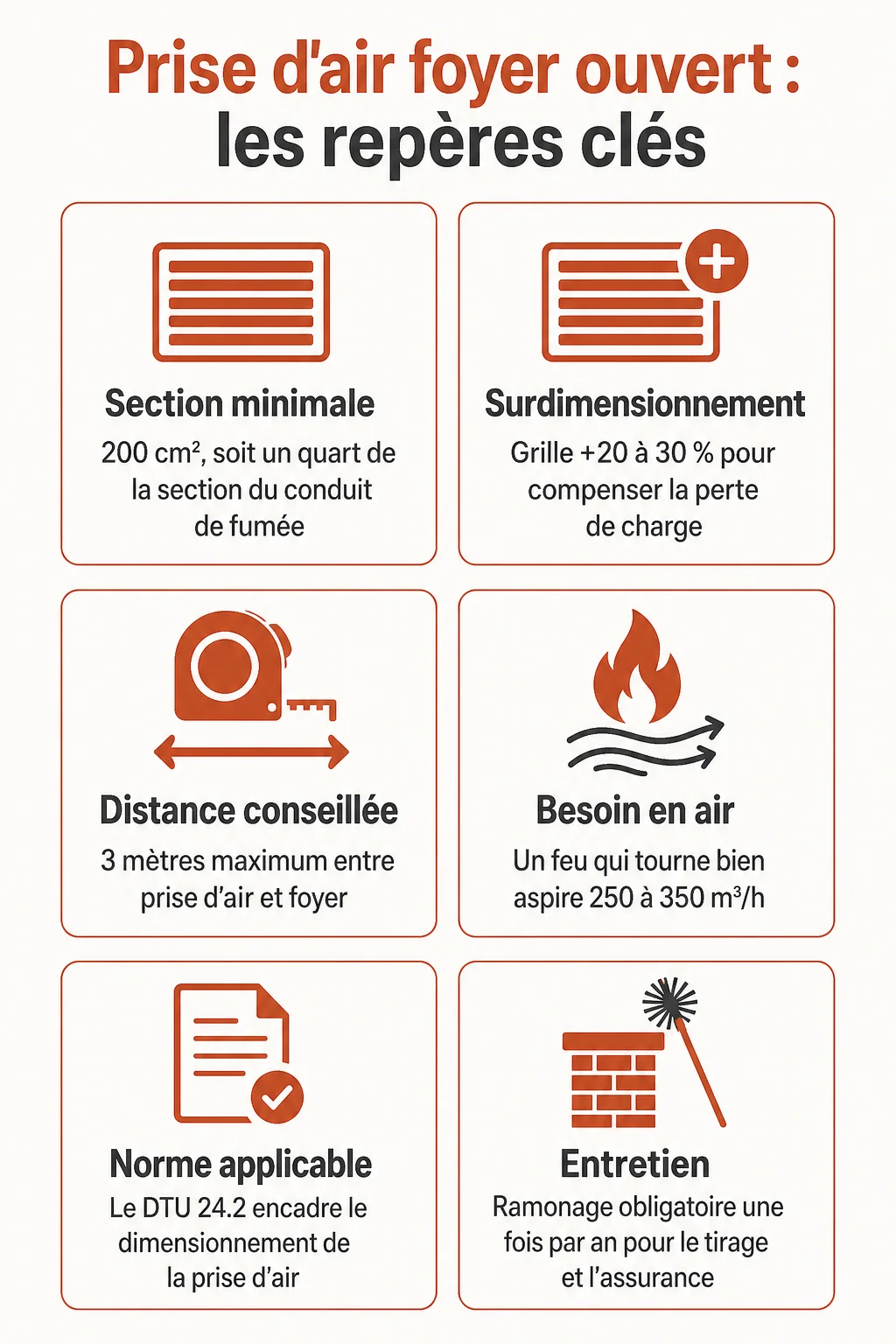 Prise d'air foyer ouvert : les repères clés : Section minimale, Surdimensionnement, Distance conseillée, Besoin en air, Norme applicable, Entretien