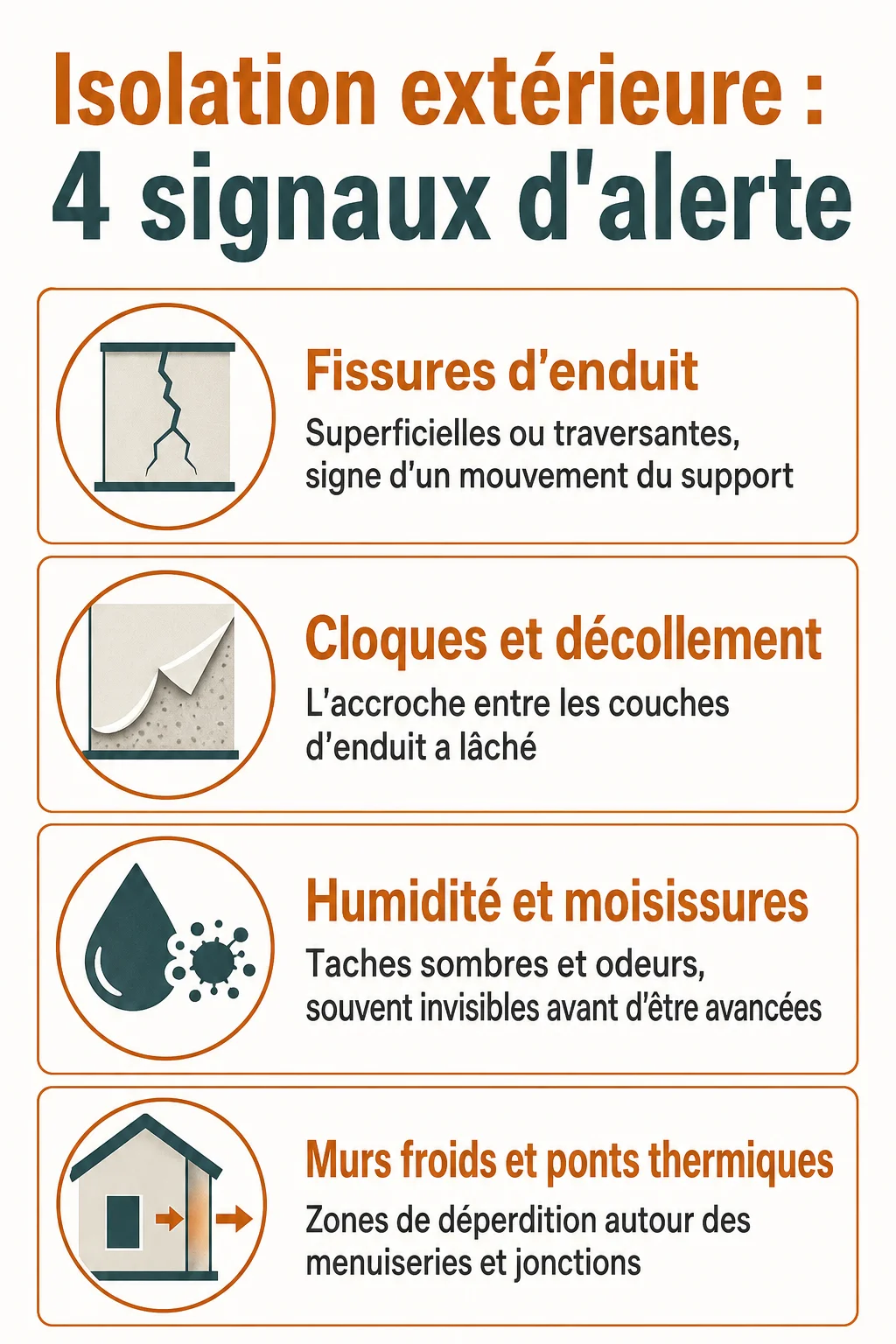Isolation extérieure : 4 signaux d'alerte : Fissures d'enduit, Cloques et décollement, Humidité et moisissures, Murs froids et ponts thermiques