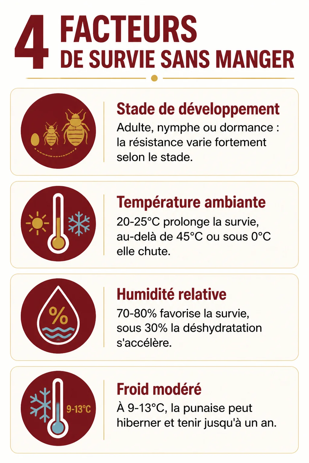 4 facteurs de survie sans manger : Stade de développement, Température ambiante, Humidité relative, Froid modéré