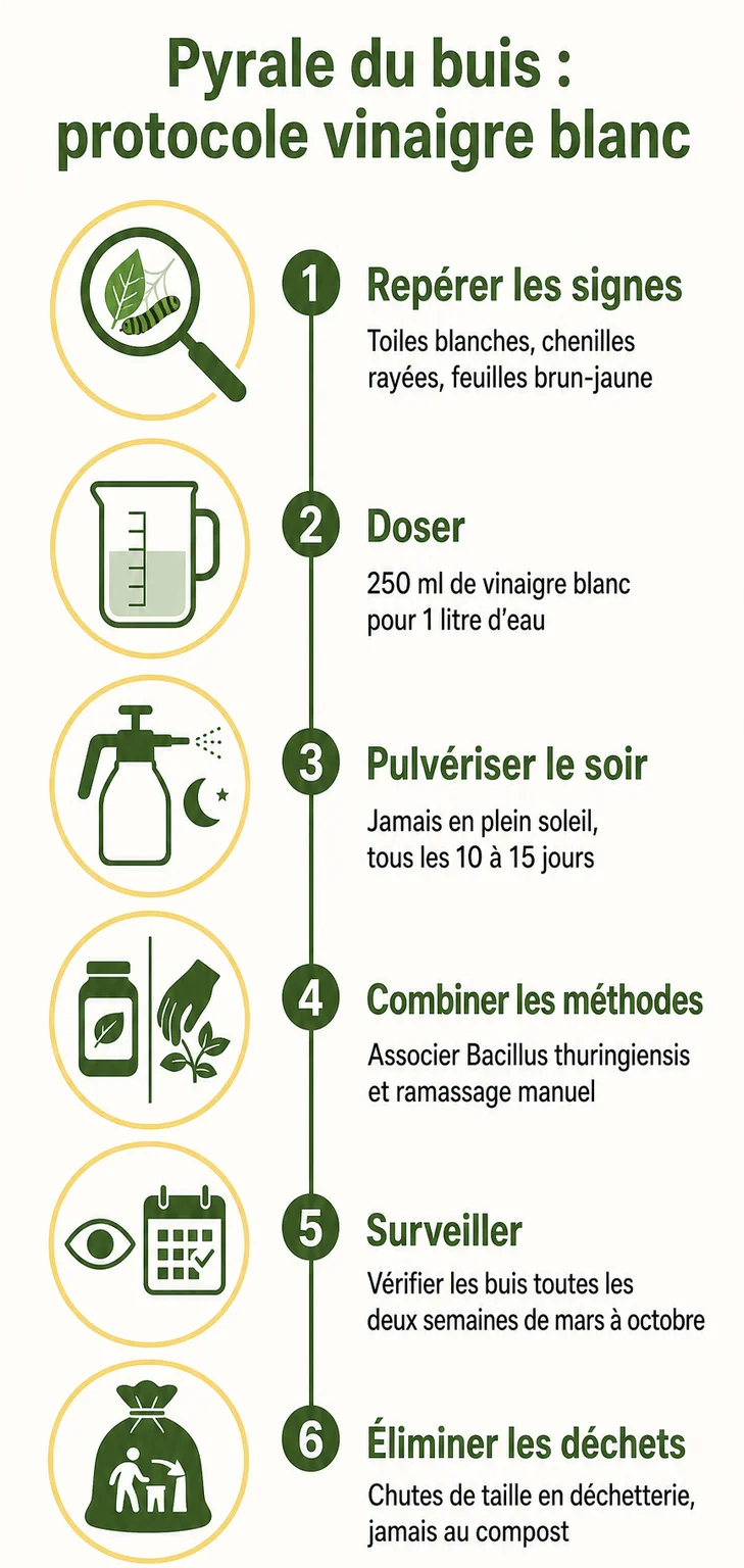Pyrale du buis : protocole vinaigre blanc : 1. Repérer les signes, 2. Doser, 3. Pulvériser le soir, 4. Combiner les méthodes, 5. Surveiller, 6. Éliminer les déchets