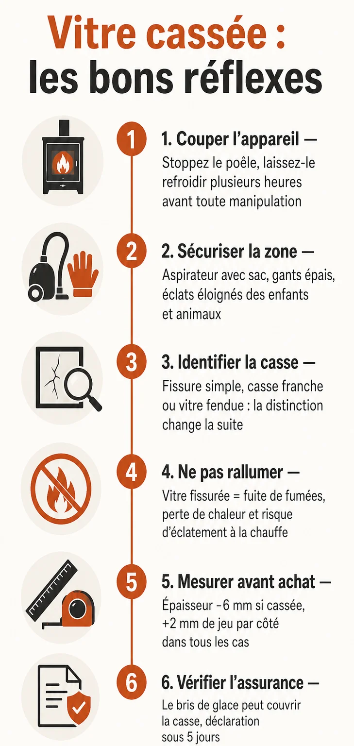 Vitre cassée : les bons réflexes : 1. Couper l'appareil, 2. Sécuriser la zone, 3. Identifier la casse, 4. Ne pas rallumer, 5. Mesurer avant achat, 6. Vérifier l'assurance