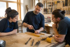 Formateur expliquant un geste de bricolage à des stagiaires débutants dans un atelier pédagogique