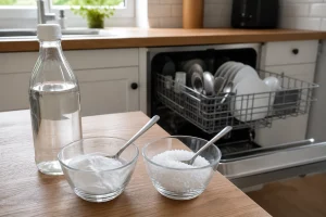 Bicarbonate, cristaux de soude et vinaigre blanc préparés près du bac à détergent d'un lave-vaisselle