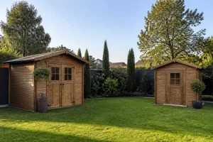 Deux abris de jardin en bois installés côte à côte espacés dans un jardin résidentiel
