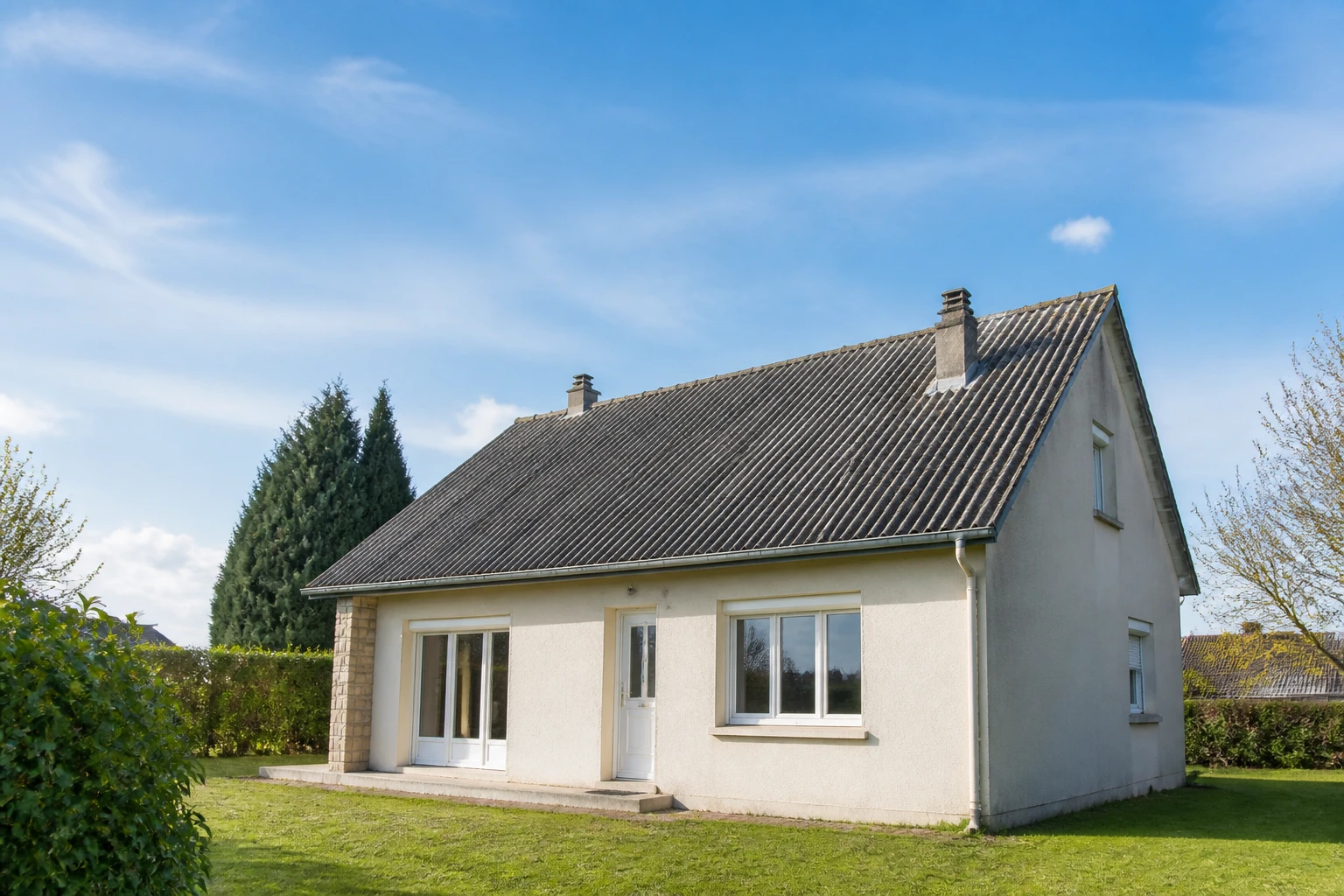 Maison avec toiture en fibrociment amianté vue de l'extérieur en plein jour