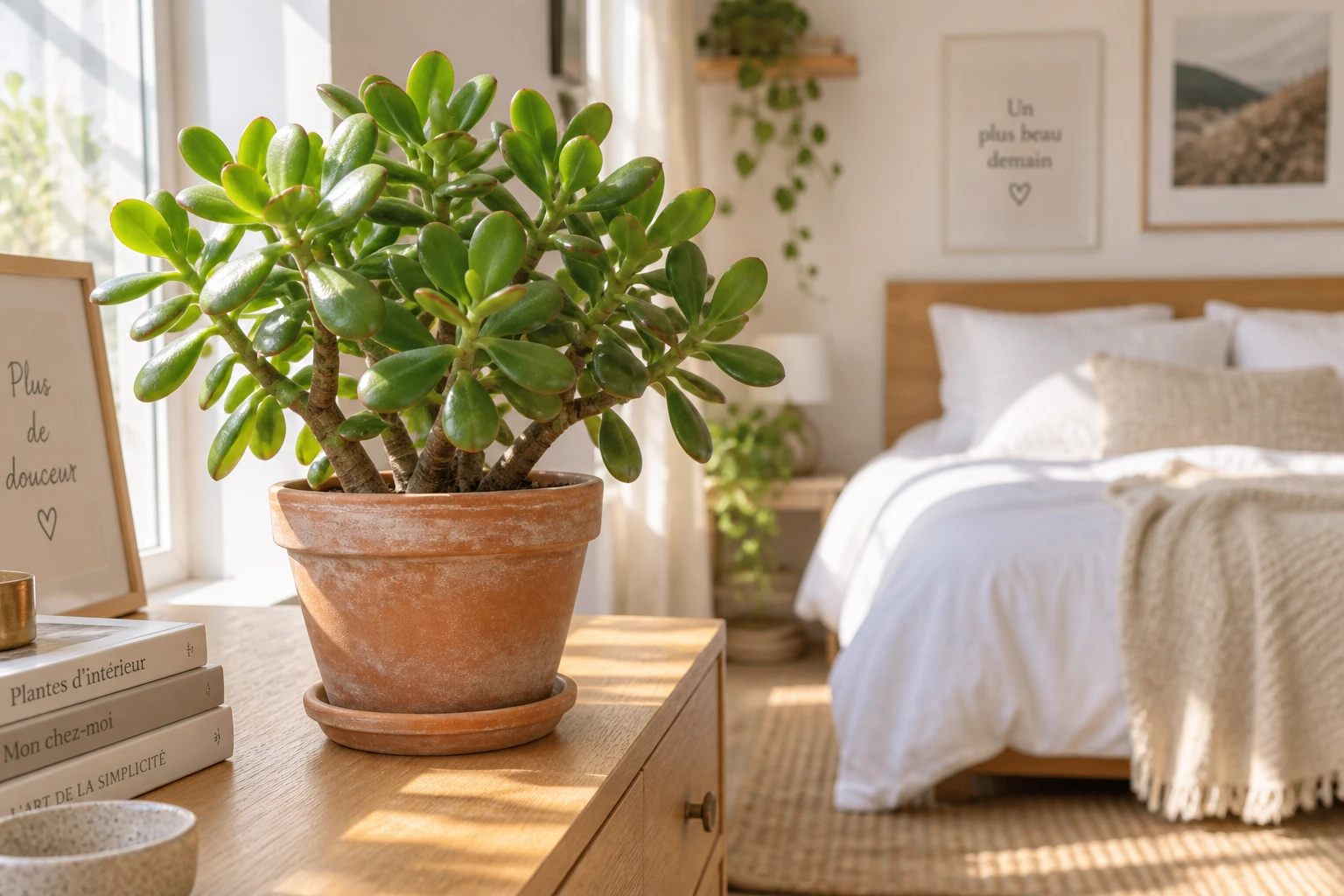 Arbre de jade en pot posé sur une commode dans une chambre lumineuse près d'une fenêtre