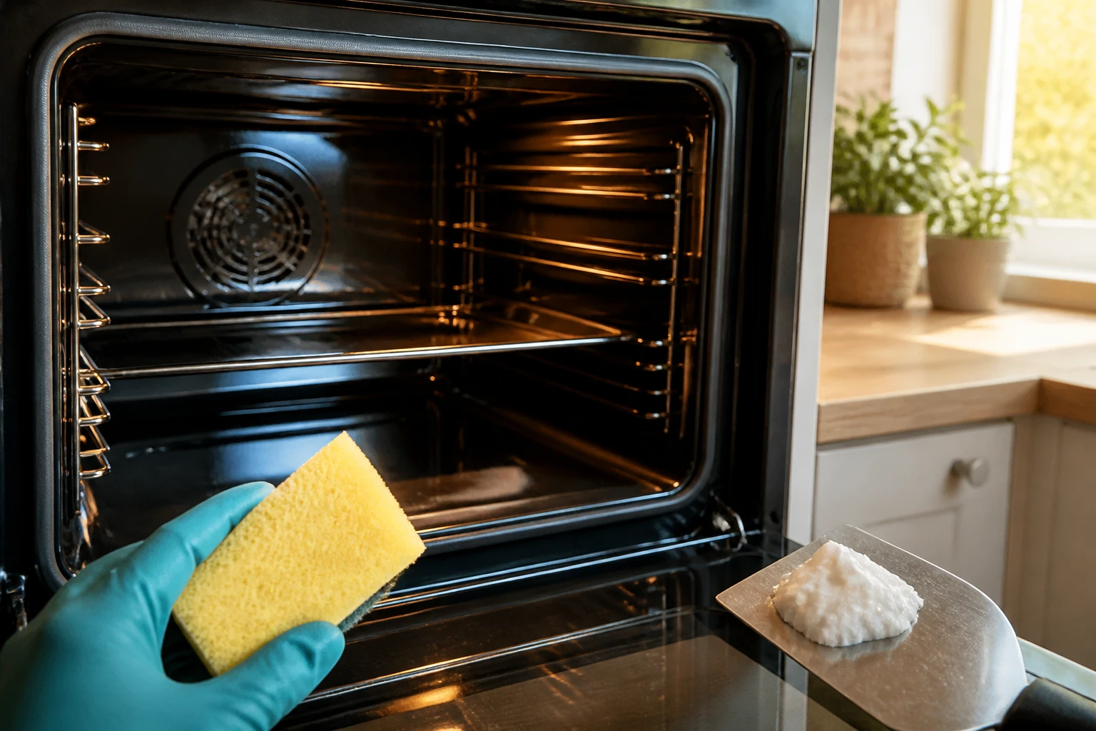 Nettoyage de l'intérieur d'un four avec éponge et bicarbonate de soude