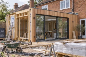 Extension maison en bois avec bardage bois et grande baie vitrée accolée à une maison