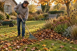 Jardinier ratissant des feuilles mortes d'automne sur une pelouse près d'un massif de vivaces