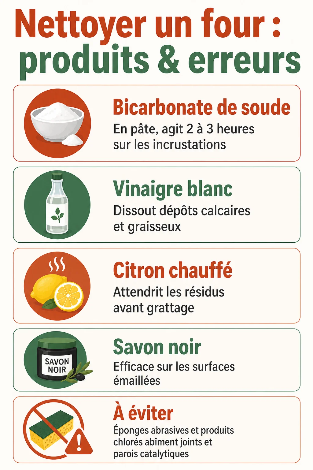 Nettoyer un four : produits & erreurs : Bicarbonate de soude, Vinaigre blanc, Citron chauffé, Savon noir, À éviter