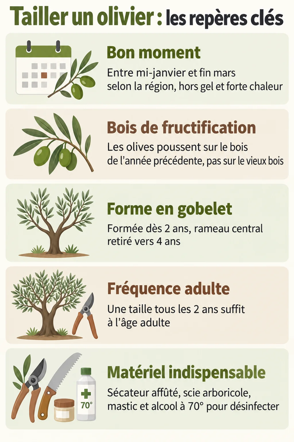 Tailler un olivier : les repères clés : Bon moment, Bois de fructification, Forme en gobelet, Fréquence adulte, Matériel indispensable