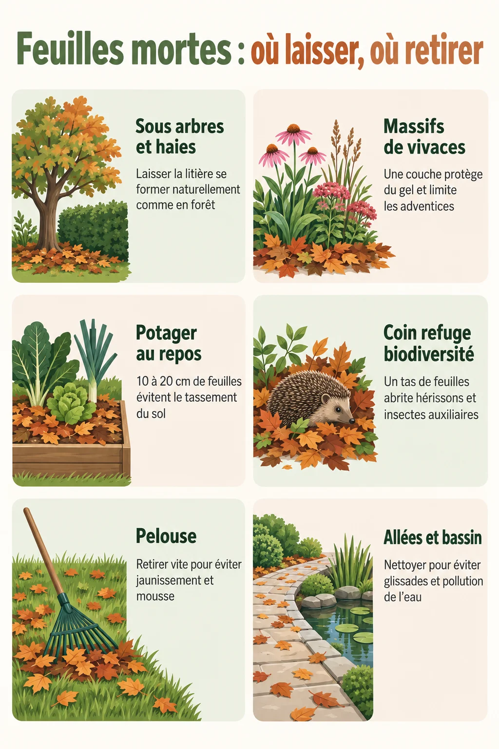 Feuilles mortes : où laisser, où retirer : Sous arbres et haies, Massifs de vivaces, Potager au repos, Coin refuge biodiversité, Pelouse, Allées et bassin