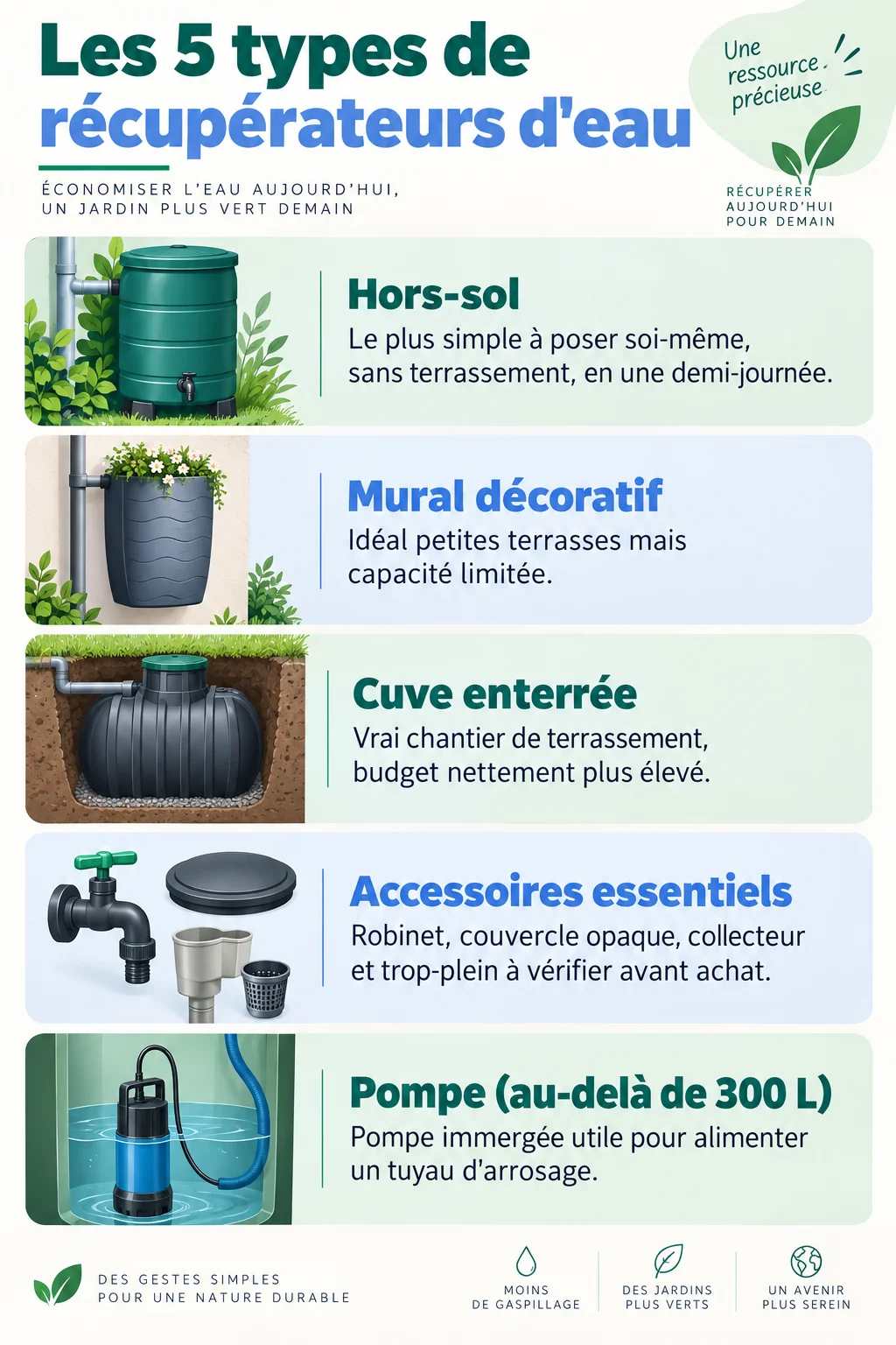 Les 5 types de récupérateurs d'eau : Hors-sol, Mural décoratif, Cuve enterrée, Accessoires essentiels, Pompe (au-delà de 300 L)