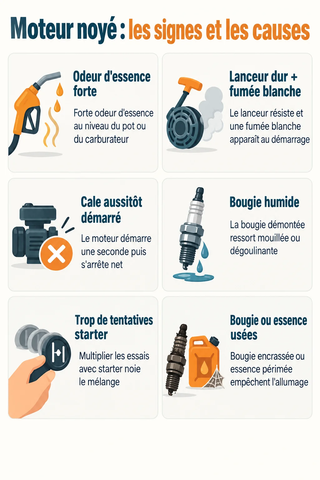 Moteur noyé : les signes et les causes : Odeur d'essence forte, Lanceur dur + fumée blanche, Cale aussitôt démarré, Bougie humide, Trop de tentatives starter, Bougie ou essence usées