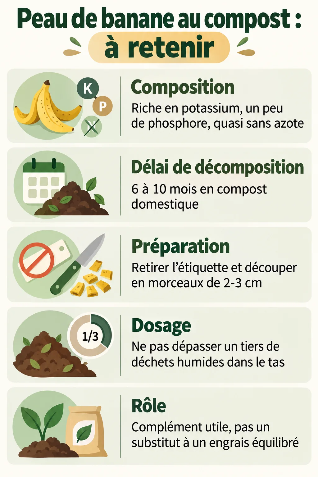 Peau de banane au compost : à retenir : Composition, Délai de décomposition, Préparation, Dosage, Rôle