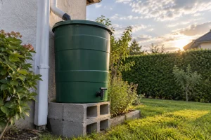 Récupérateur d'eau de pluie hors-sol installé sur un socle sous une descente de gouttière dans un jardin