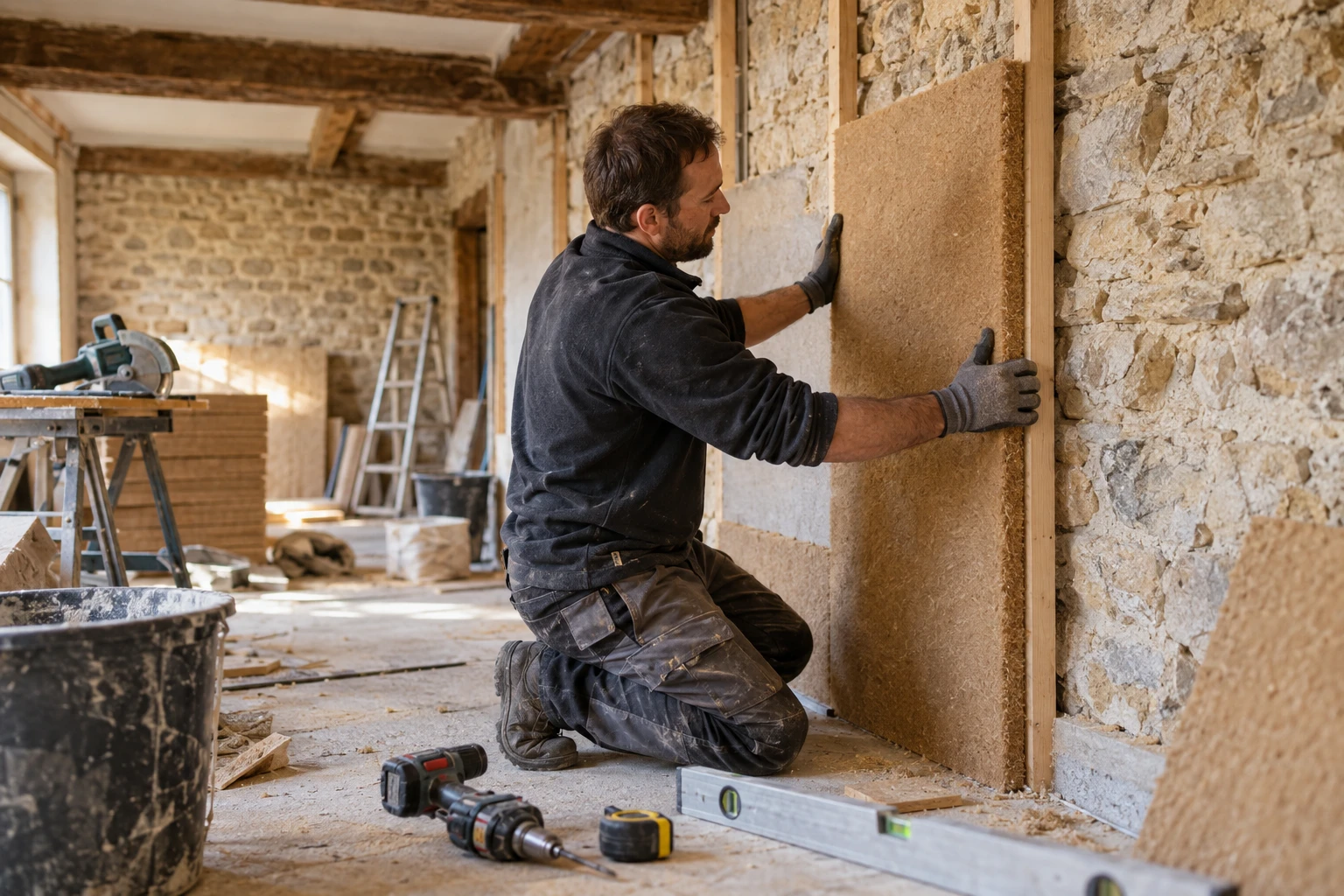 Artisan posant un isolant en fibre de bois sur un mur en pierre lors d'une rénovation