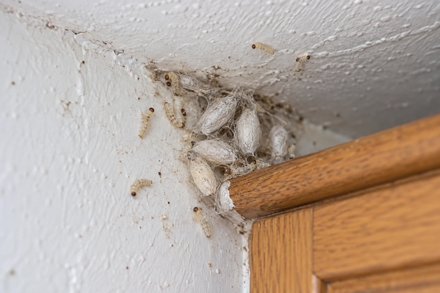 Larves de mites alimentaires et cocons visibles dans un angle de plafond de cuisine