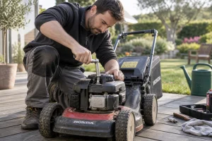 Réparateur retirant la bougie d'une tondeuse à moteur noyé pour la dénoyer