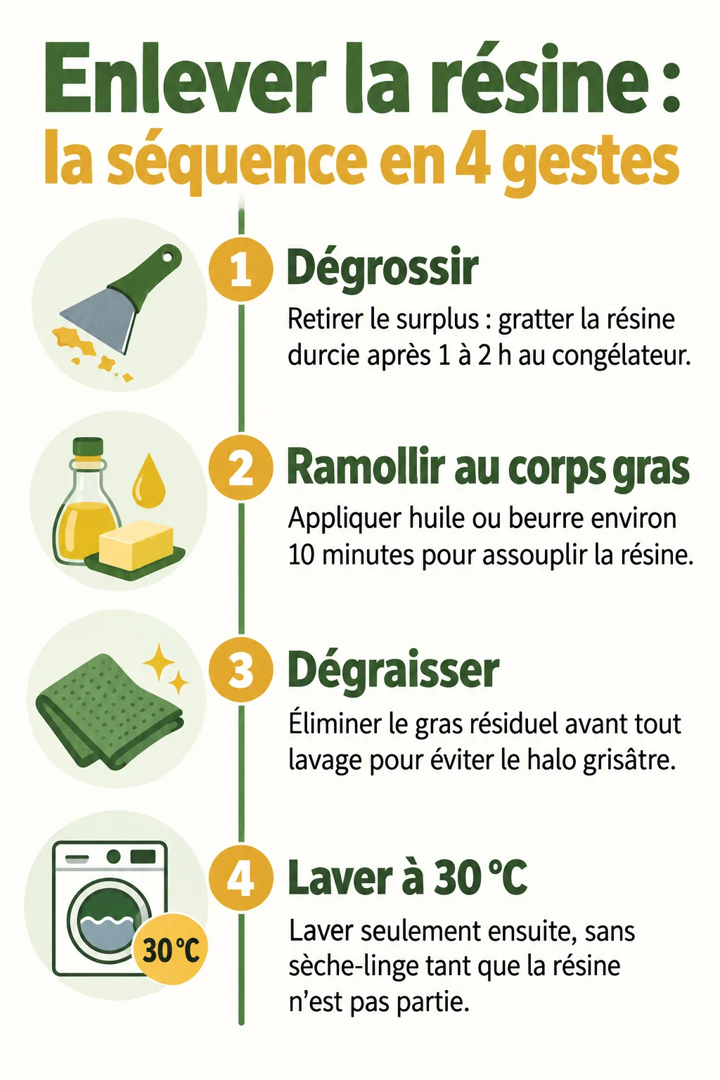 Enlever la résine : la séquence en 4 gestes : 1. Dégrossir, 2. Ramollir au corps gras, 3. Dégraisser, 4. Laver à 30 °C